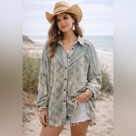 POL Tops - POL Sage Green Crochet & Embroidered Eyelet Pearls Button-Down Shirt
